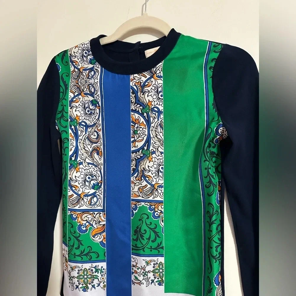Tory Burch Silk print front patch navy light sweater